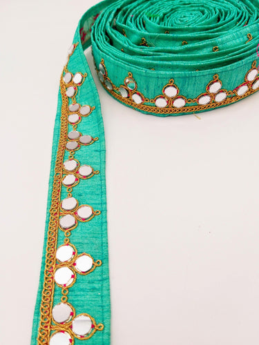 Cyan Blue Silk Trim With Mirrors Embellishments and Gold Embroidery, Approx. 34mm Wide, Decorative Trim Costume Trim Fashion Trim By Yard